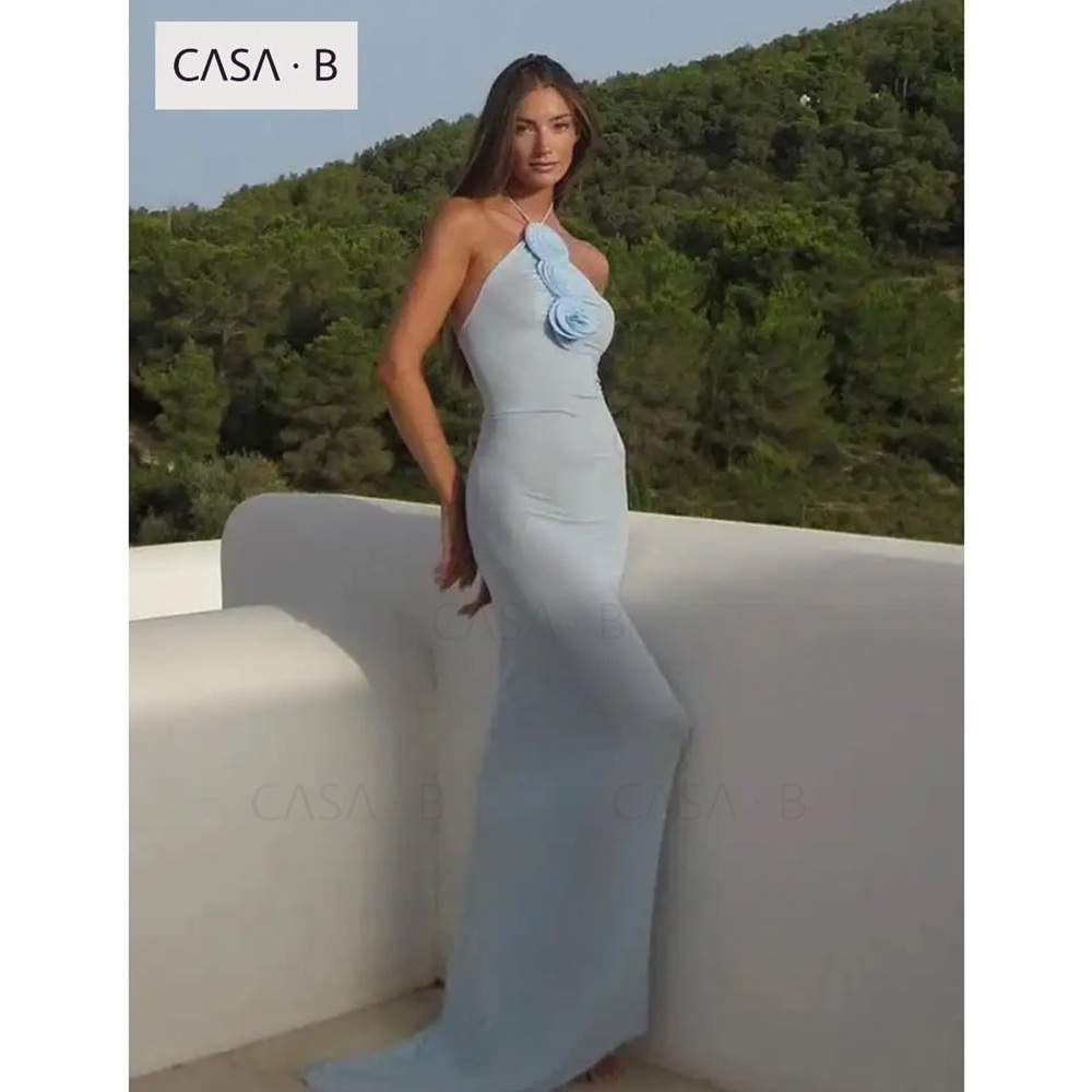 SOON to CASA B | Isla Azul Sheer Flower Embellished Halter Gown Cocktail Dress